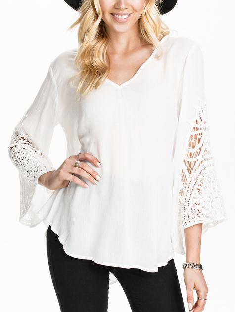 Romwe V Neck Bell Sleeve Lace Crochet Shirt