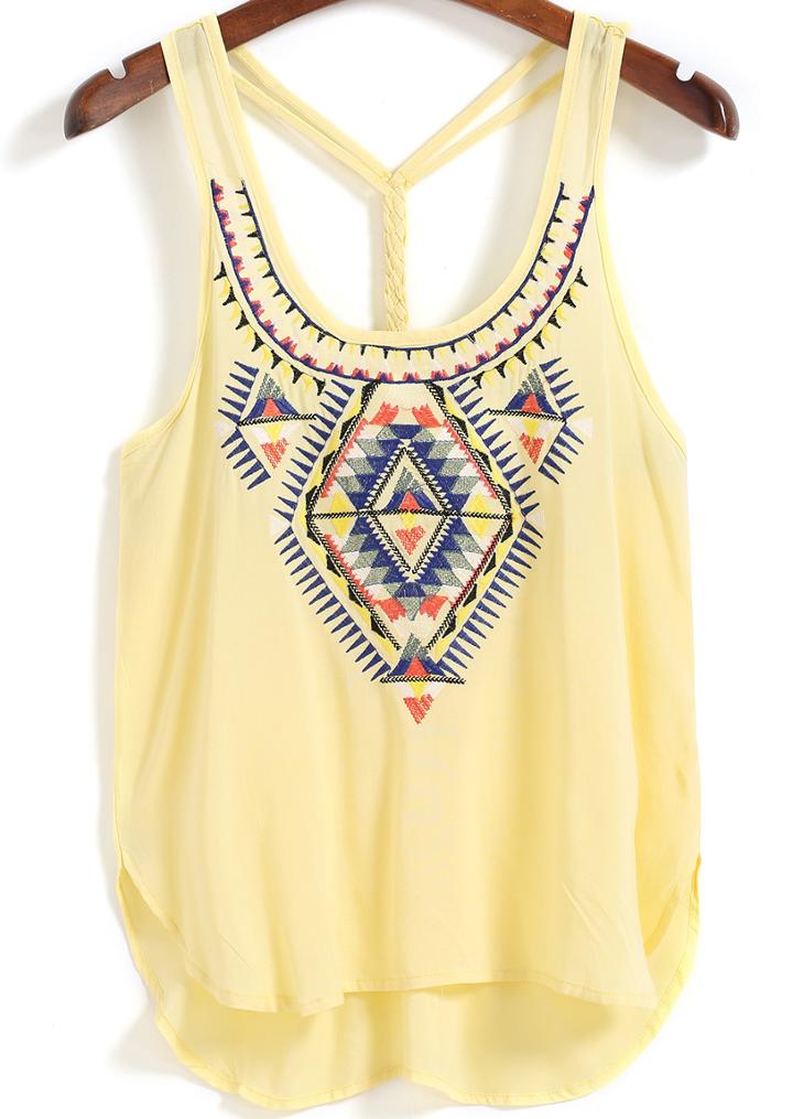 Romwe Straps Embroidered Yellow Cami Top