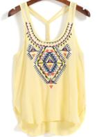Romwe Straps Embroidered Yellow Cami Top