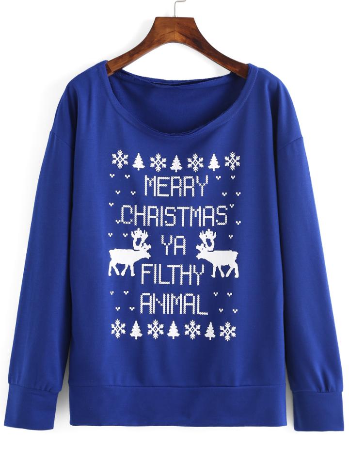 Romwe Christmas Trees Deer Print Blue Sweatshirt