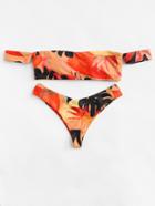 Romwe Off The Shoulder Leaf Print Bikini Set