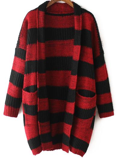 Romwe Lapel Striped Pockets Red Coat