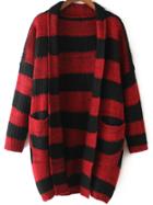 Romwe Lapel Striped Pockets Red Coat