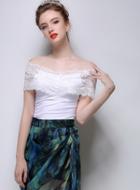 Romwe Off The Shoulder Lace Insert Slim White Top