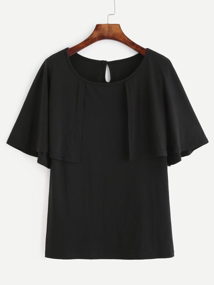 Romwe Black Keyhole Back Cape Decoration T-shirt