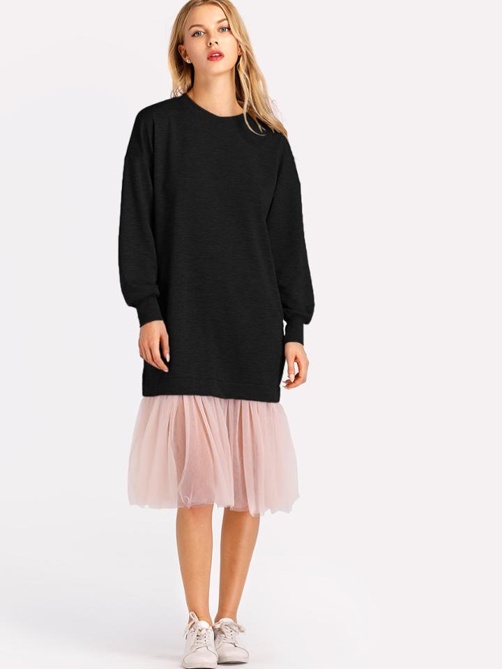 Romwe Contrast Mesh Hem Marled Combo Dress