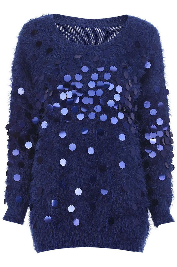 Romwe Faux Mohair Dark-blue Jumper With Sequins