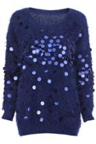 Romwe Faux Mohair Dark-blue Jumper With Sequins