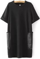 Romwe Contrast Pu Leather Pockets Knit Black Dress