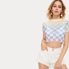Romwe Mesh Gingham Lettuce Trim Sheer Tee
