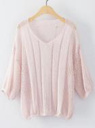 Romwe Pink V Neck Elastic Cuff Knitwear