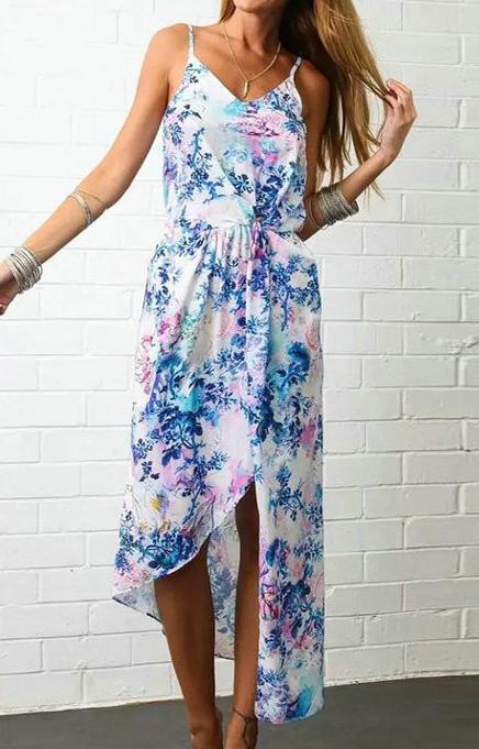 Romwe Spaghetti Strap Florals Asymmetrical Dress