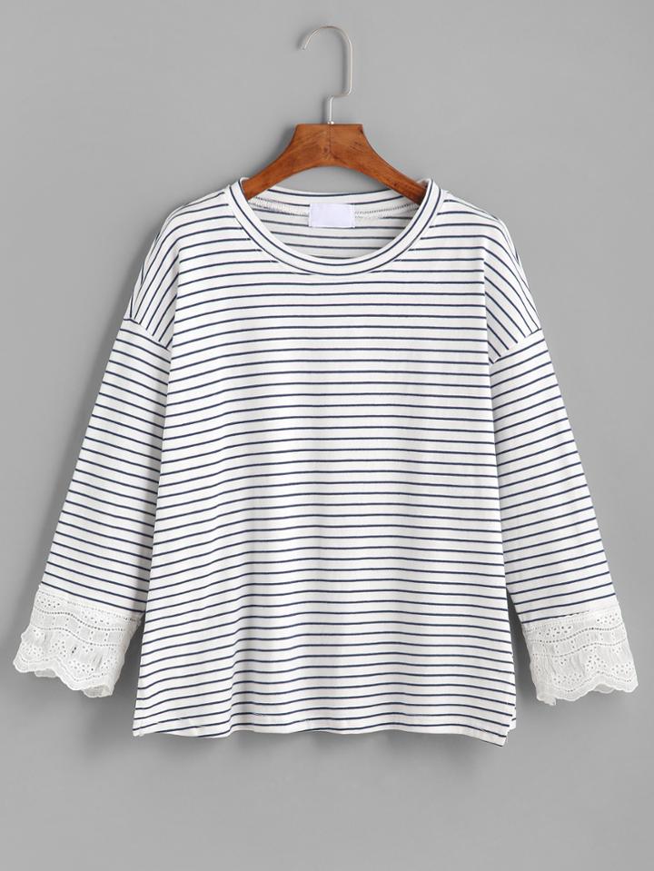 Romwe Blue White Striped Crochet Trim T-shirt