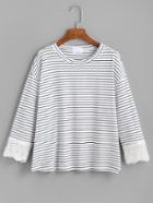 Romwe Blue White Striped Crochet Trim T-shirt