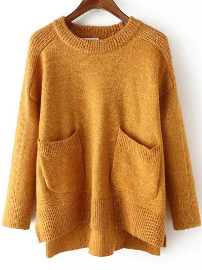 Romwe Dip Hem Split Side Pockets Khaki Sweater