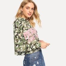 Romwe Letter Print Camo Hoodie