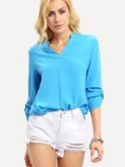 Romwe Blue V Neck Buckle Casual Blouse