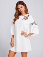 Romwe Trumpet Sleeve Flower Embroidered Dress