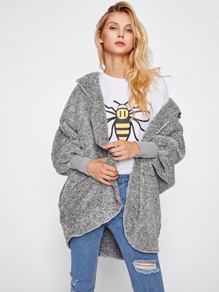 Romwe Wide Cuff Hooded Dolman Sleeve Fluffy Coat