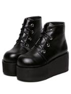 Romwe Black Lace Up Pu Wedges Boots