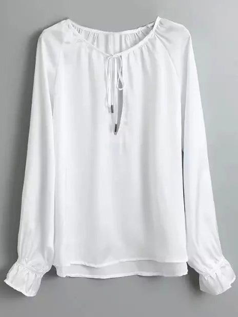 Romwe White Tie Neck Keyhole Front Long Sleeve Blouse