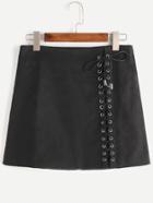 Romwe Black Lace Up Front Zipper Back Skirt