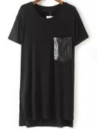 Romwe Dip Hem Contrast Pocket Black Tshirt Dress