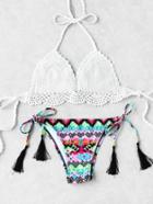 Romwe Tassel Tie Mix & Match Crochet Bikini Set
