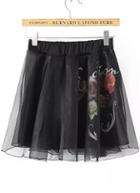 Romwe Elastic Waist Rose Print Pleated Black Skirt