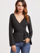 Romwe Black Deep V Neck Wrap T-shirt With Belt