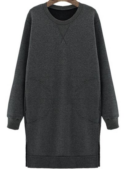 Romwe Slit Pockets Loose Grey Dress