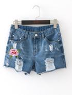 Romwe Ripped Detail Embroidery Denim Shorts