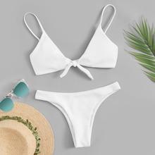 Romwe Tie Front Ribbed Bikini Set