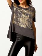 Romwe Grey Round Neck Gold Print Dip Hem T-shirt