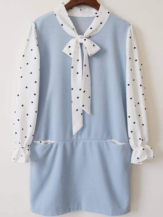 Romwe Knotted Collar Polka Dot Blue Dress