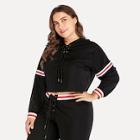 Romwe Plus Lace Up Stripe Contrast Hoodie