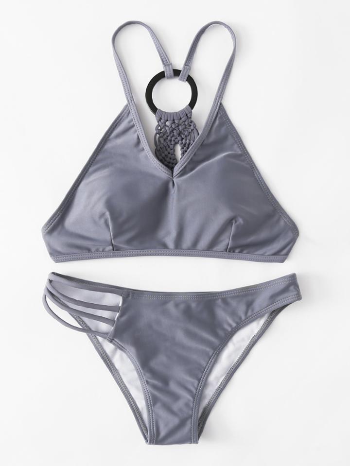 Romwe Ladder Cut Out Woven Bikini Set