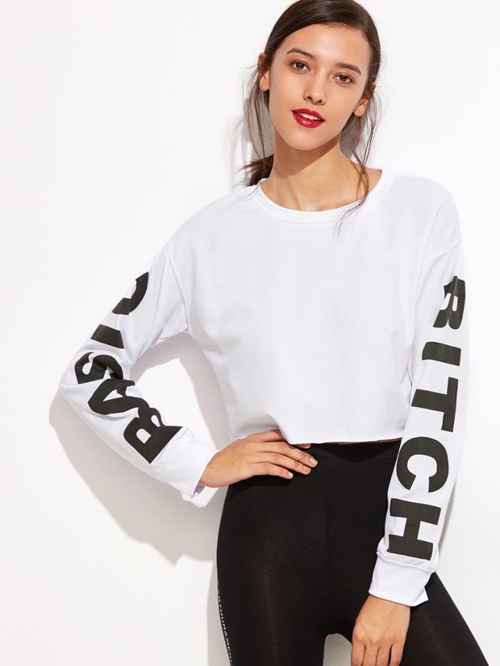 Romwe White Sleeve Letter Print Crop Sweatshirt