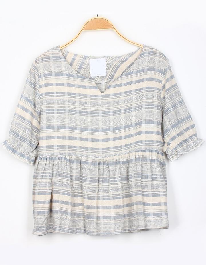 Romwe V Cut Plaid Pale Blue Top