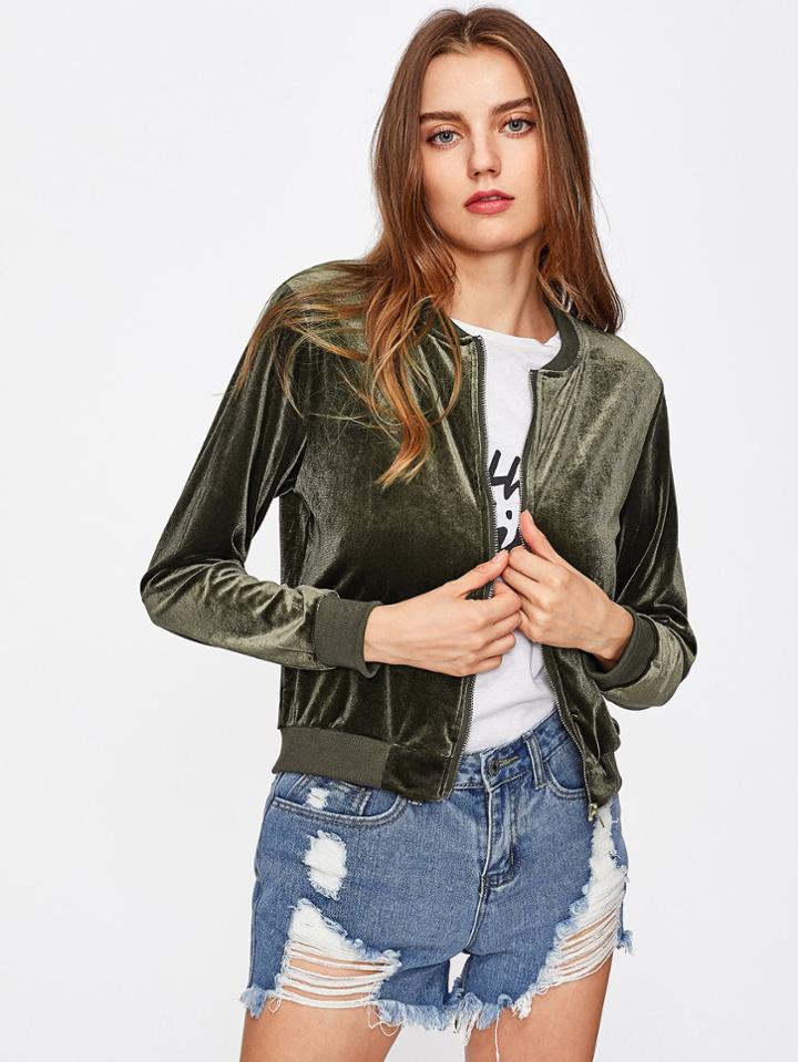 Romwe Velvet Ribbed Trim Jacket