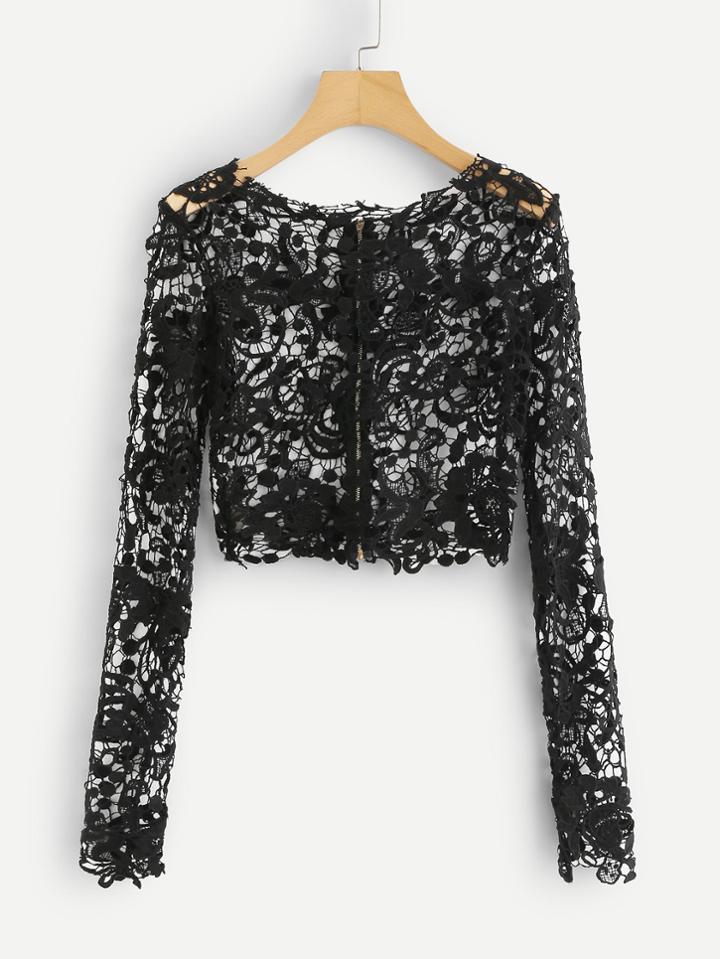 Romwe Guipure Lace Exposed Zipper Back Crop Top