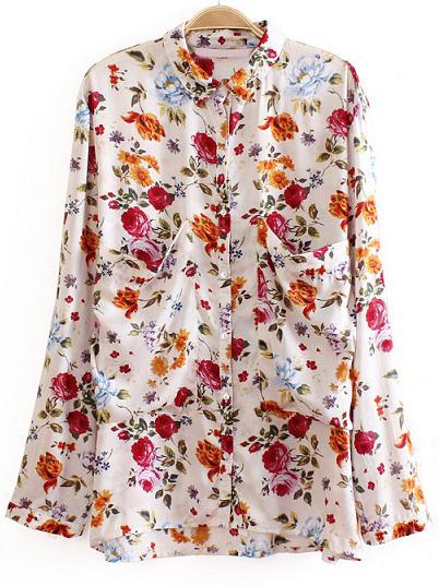 Romwe White Long Sleeve Floral Pockets Blouse
