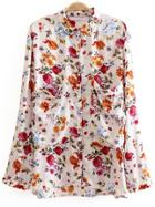 Romwe White Long Sleeve Floral Pockets Blouse