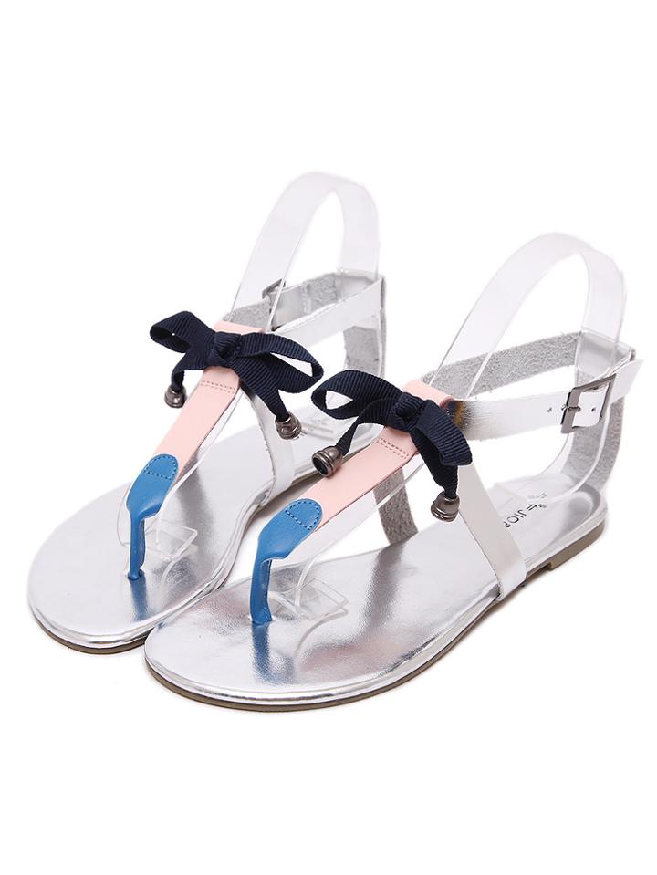Romwe T-strap Bow Tied Buckled Silver Sandals
