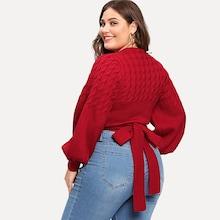 Romwe Plus Bishop Sleeve Knot Wrap Sweater