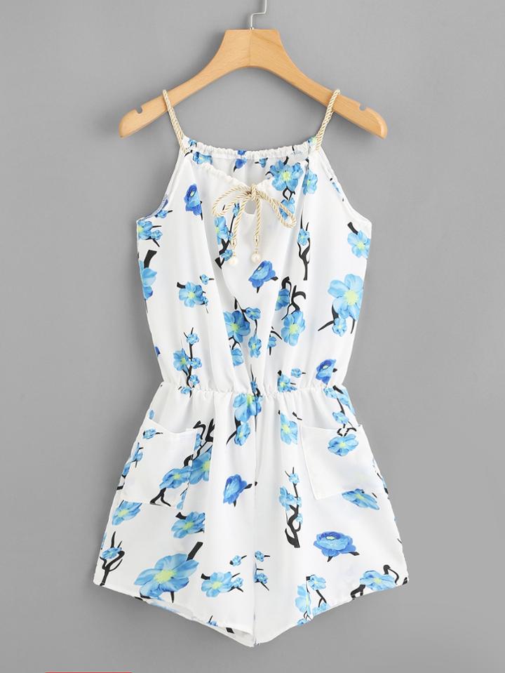 Romwe Floral Print Random Drawstring Cami Romper