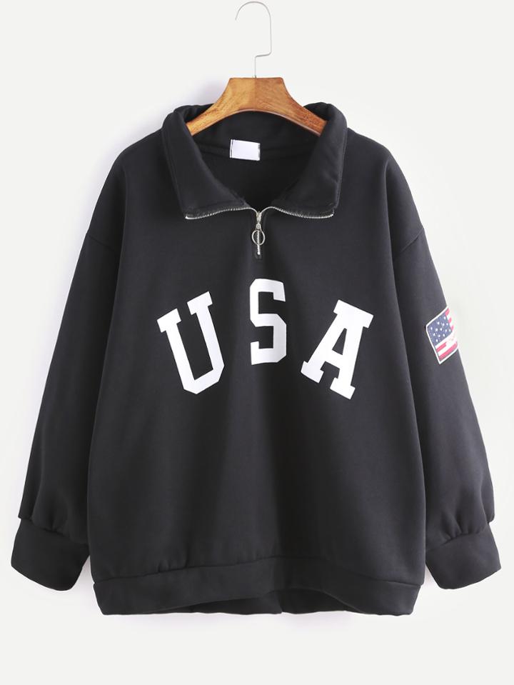 Romwe Black Usa Print Sleeve Patch Detail Zip Front Sweatshirt