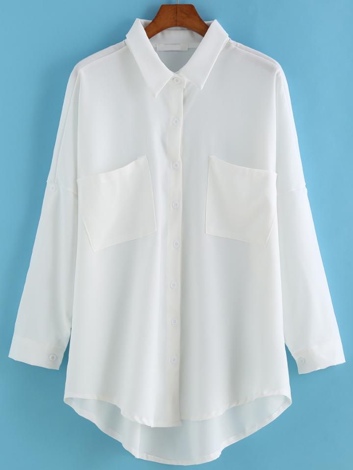 Romwe Dip Hem Lapel With Pockets White Blouse