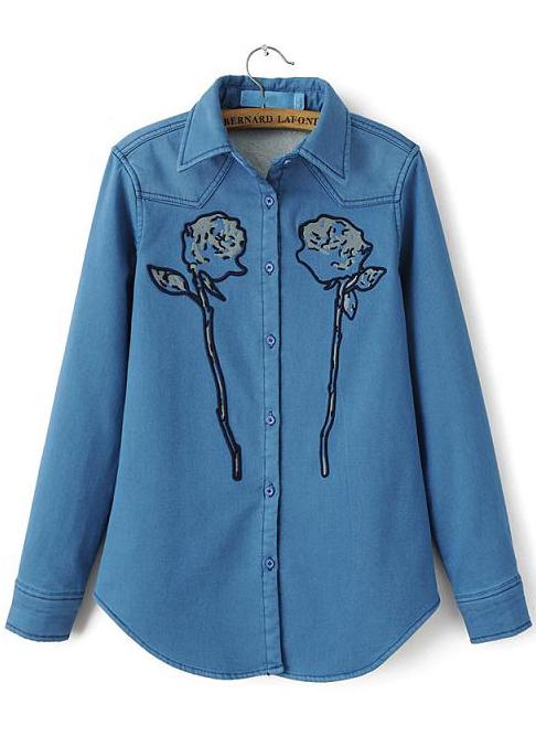 Romwe Blue Lapel Long Sleeve Rose Print Denim Blouse