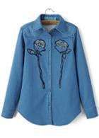 Romwe Blue Lapel Long Sleeve Rose Print Denim Blouse